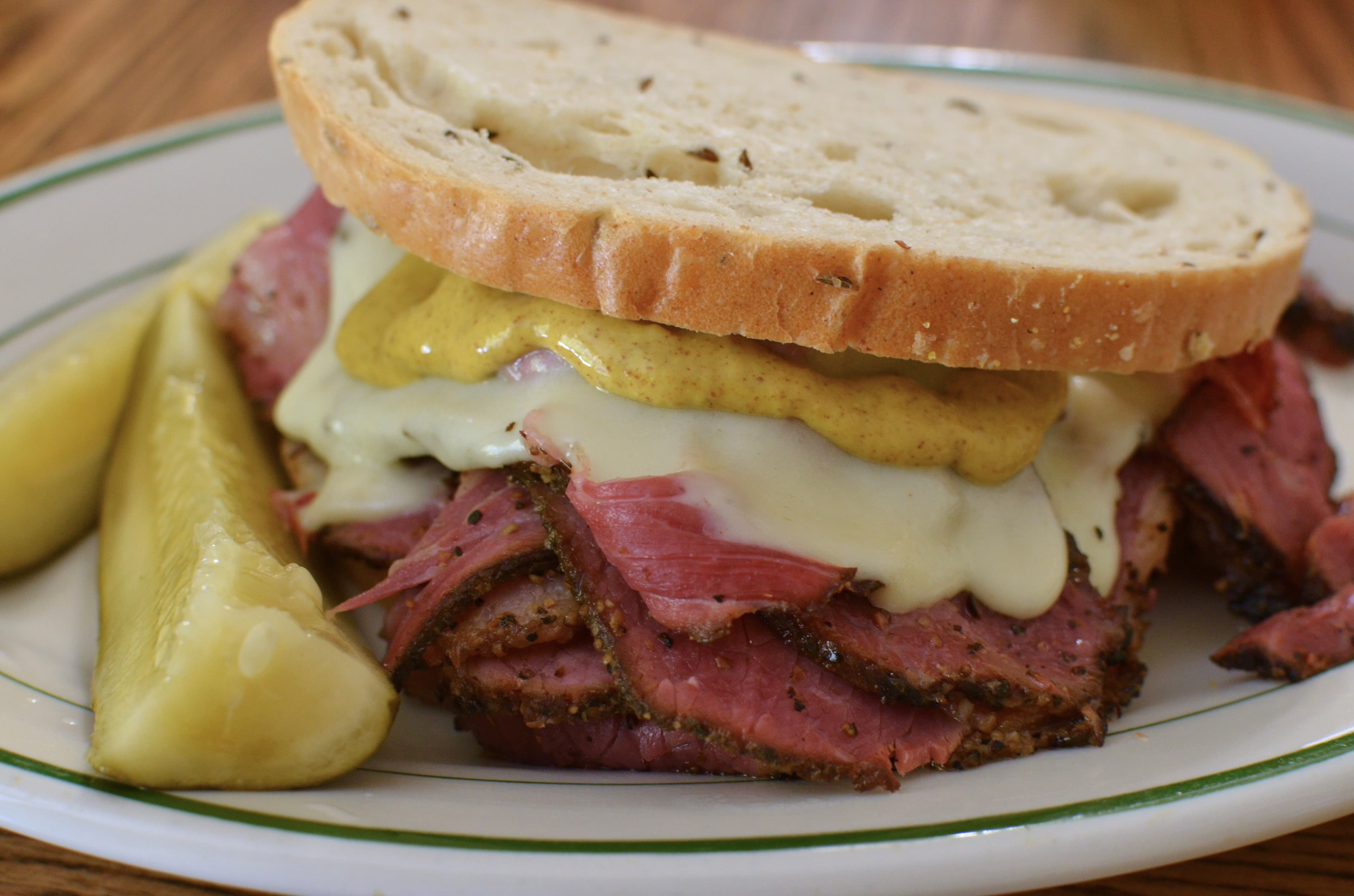 Hot pastrami on rye sandwich