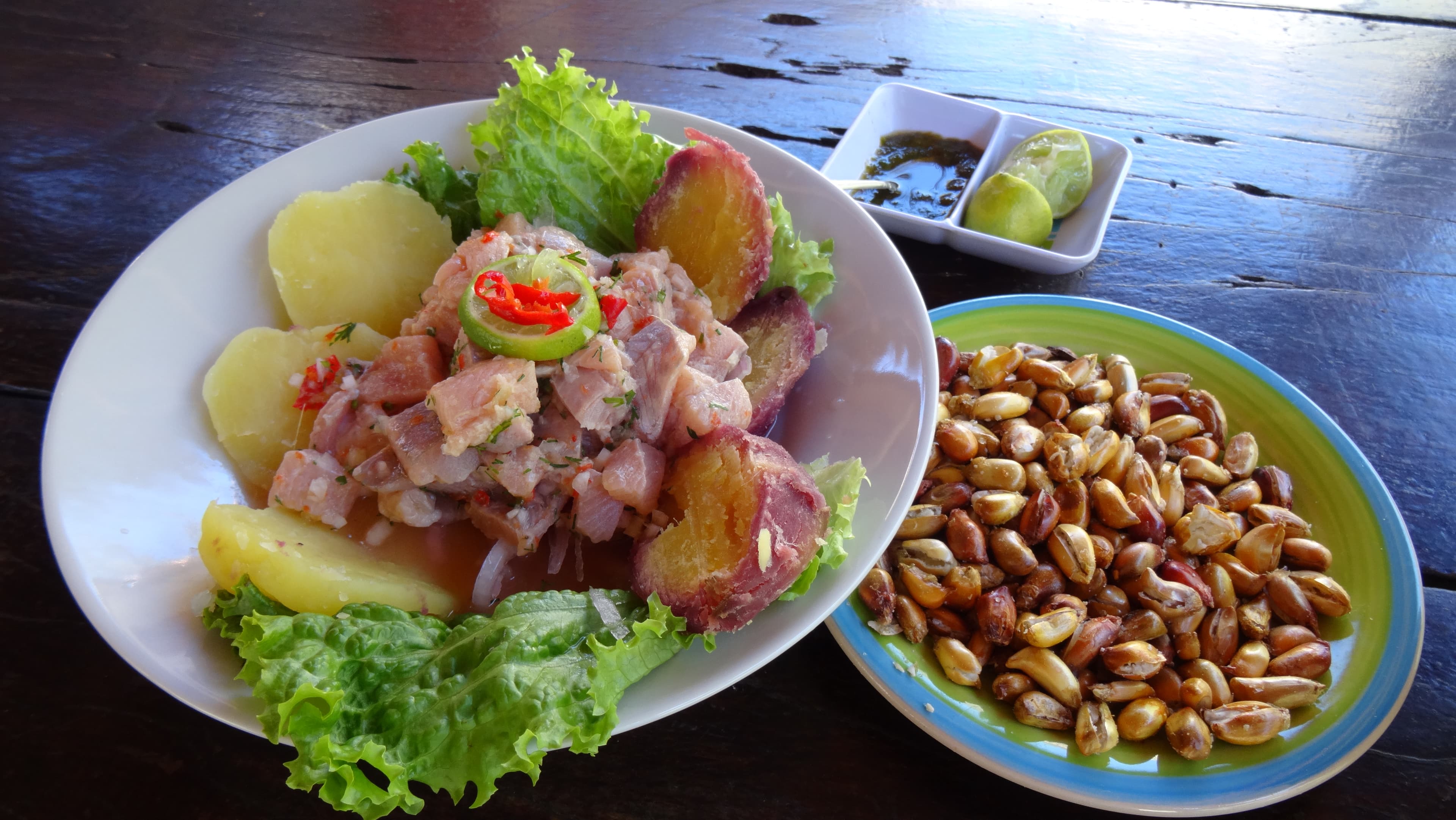Peruvian ceviche with fish, red onion, and lime