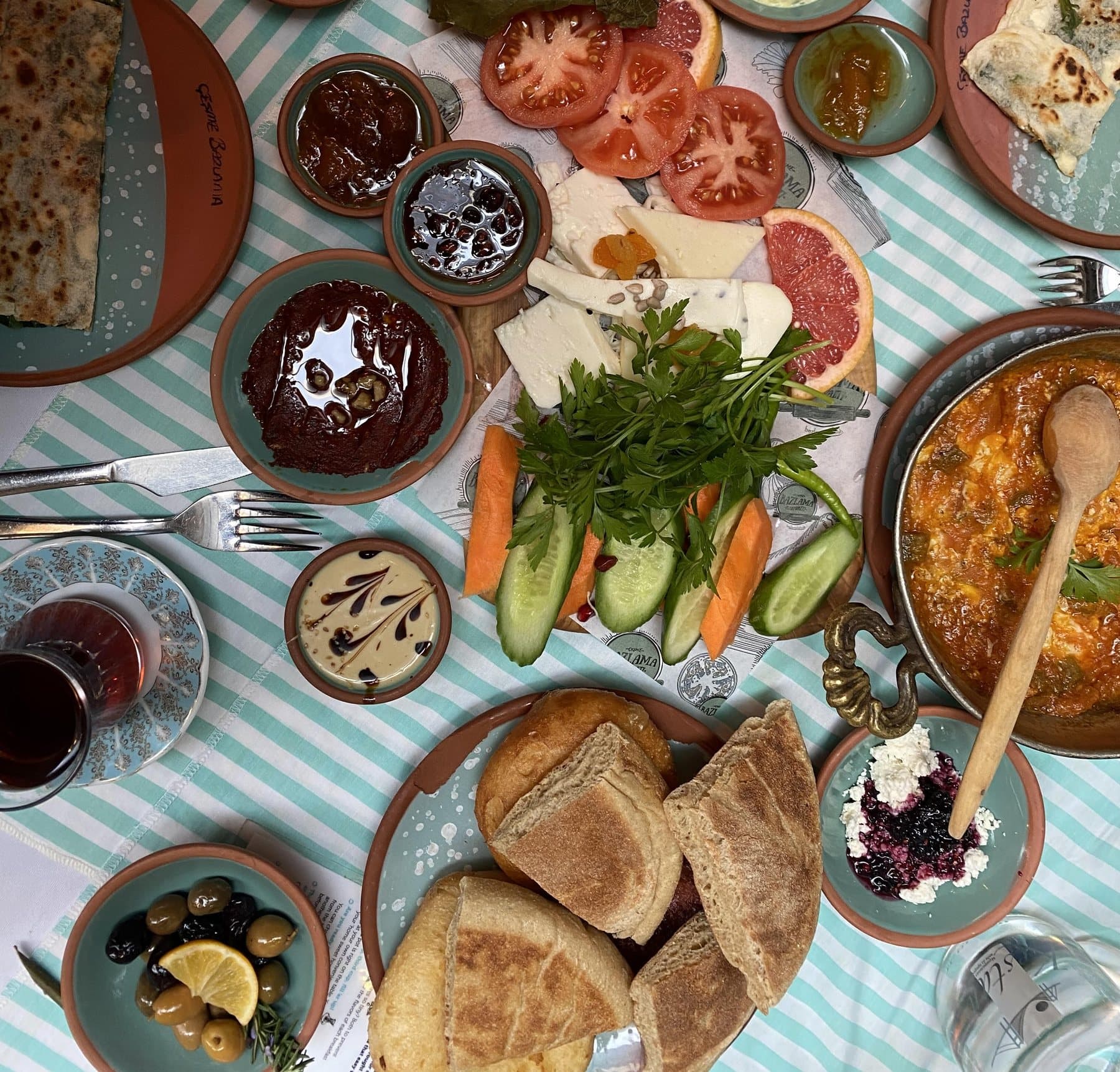 Large Turkish breakfast spread with many small plates