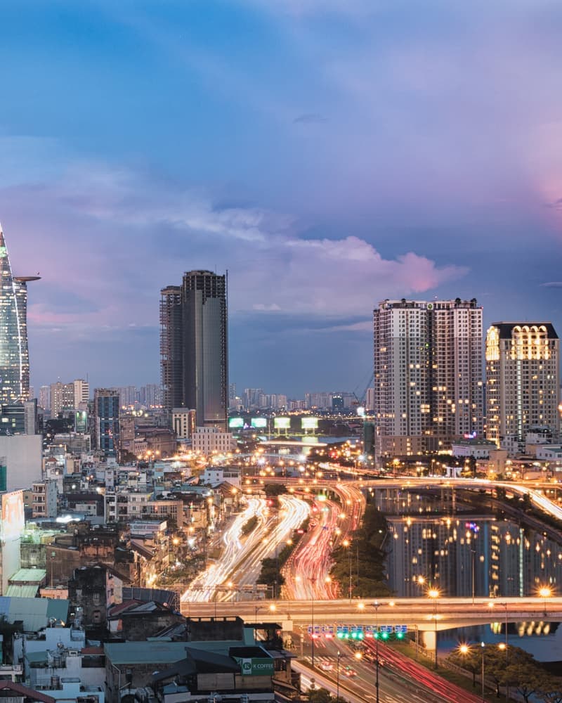 Ho Chi Minh skyline at sunset with the Bitexco Financial Tower