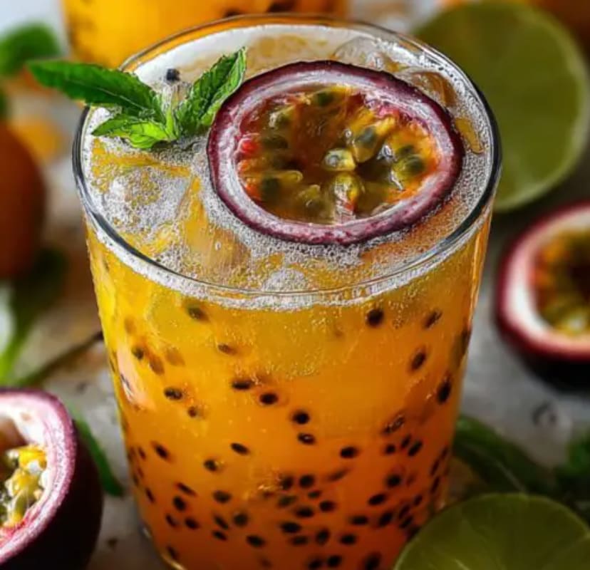 Passion fruit iced tea in a clear glass with ice