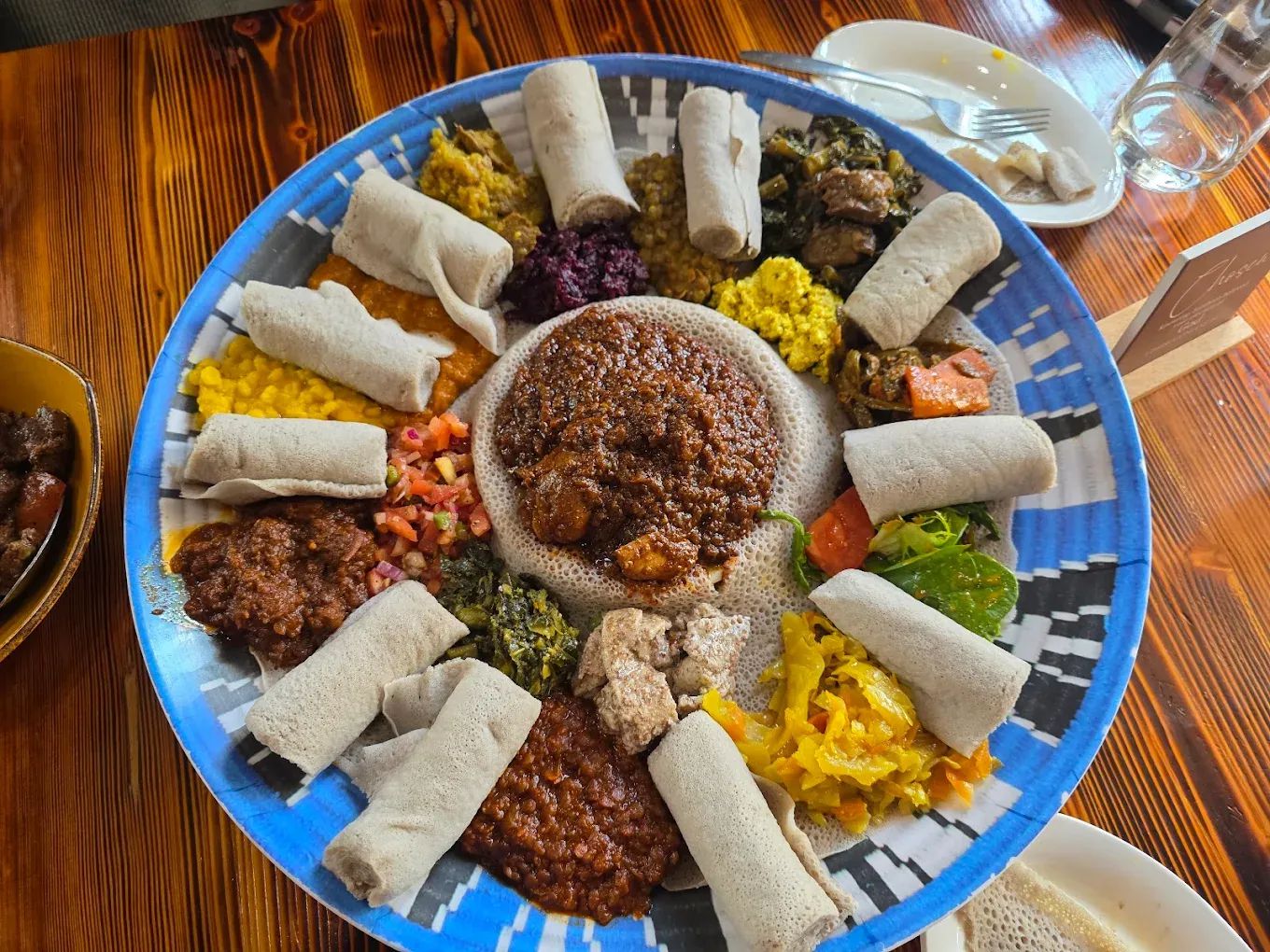Ethiopian platter with injera and assorted stews in Washington, D.C.