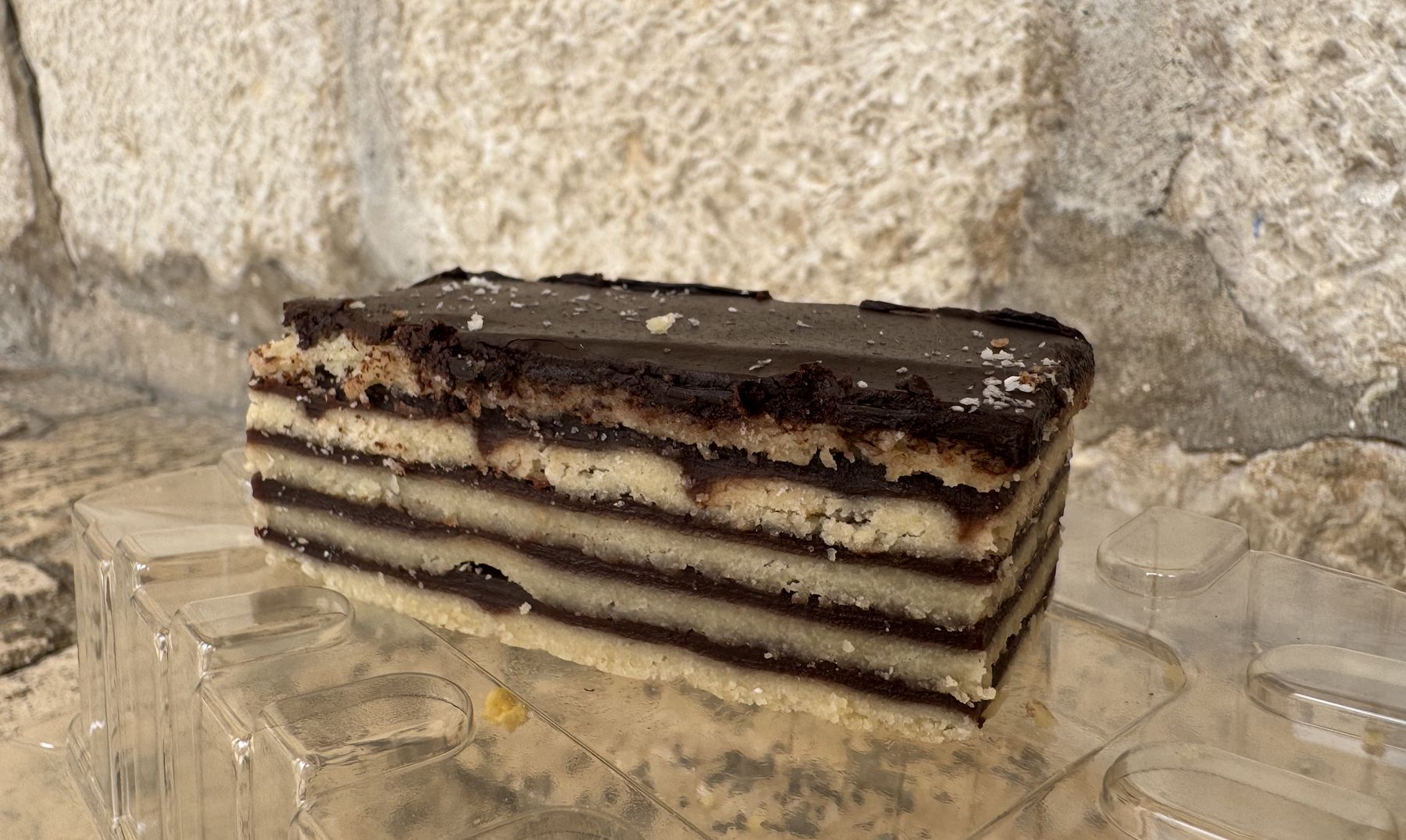 Layered Madarica chocolate slice on a tray
