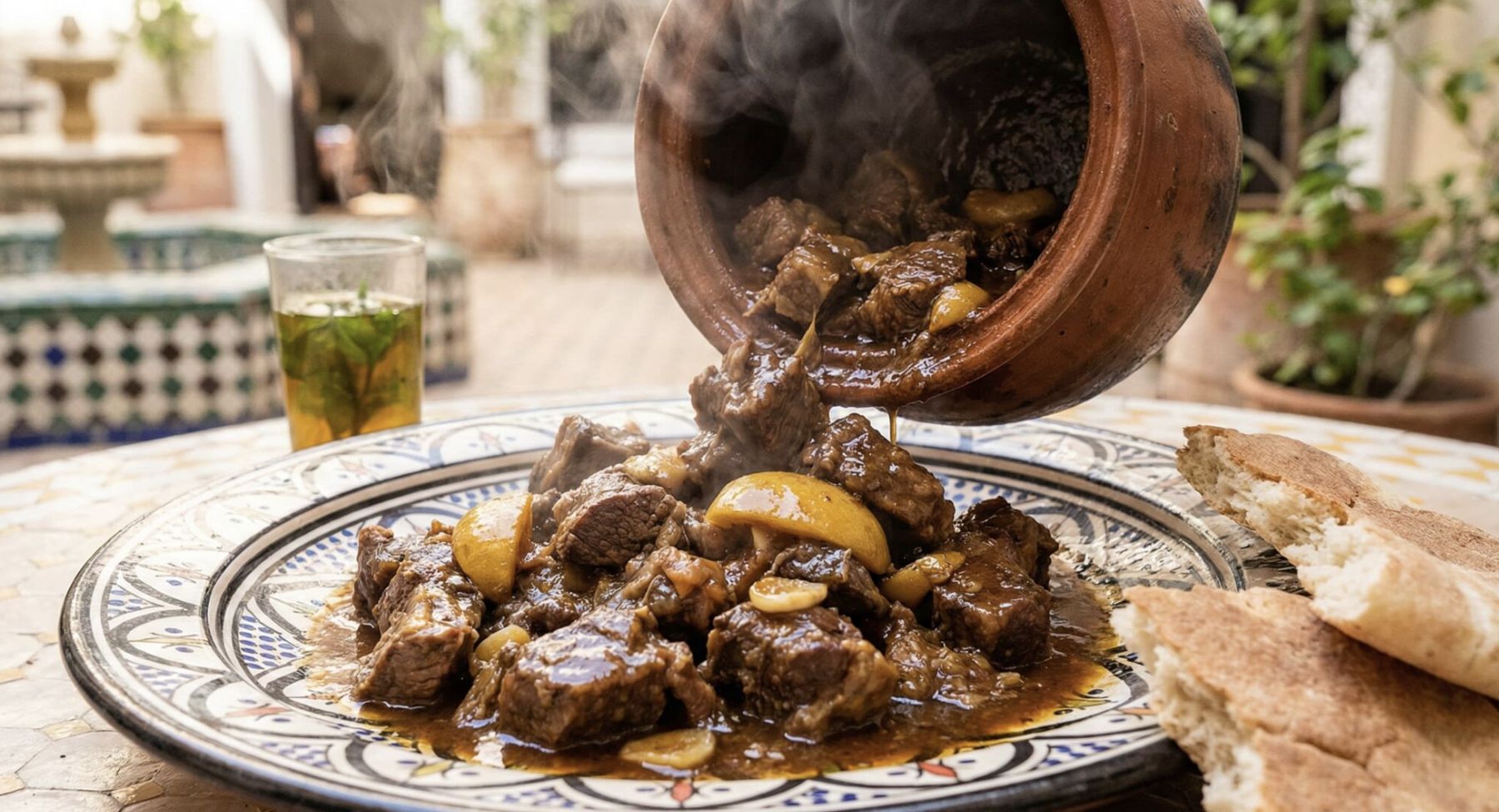 Tanjia Marrakchia served from a clay vessel onto a patterned plate