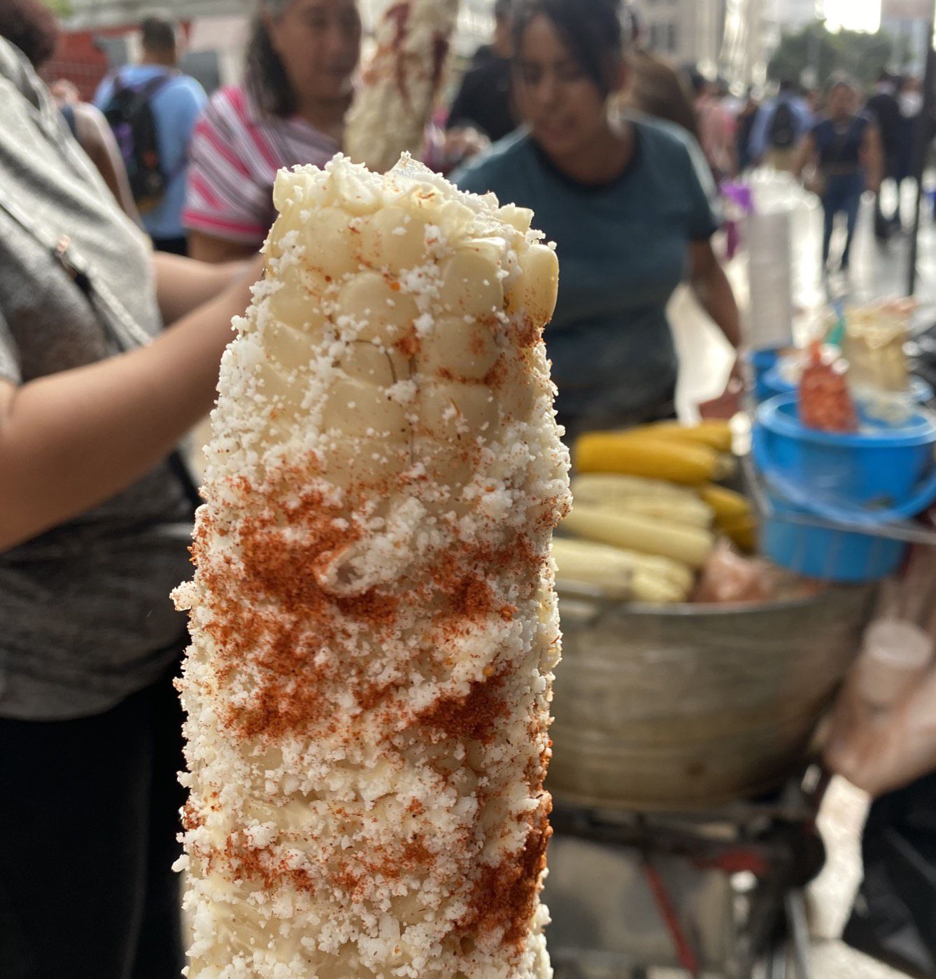 Elote street corn coated with cheese and chile at a Mexico City street stall