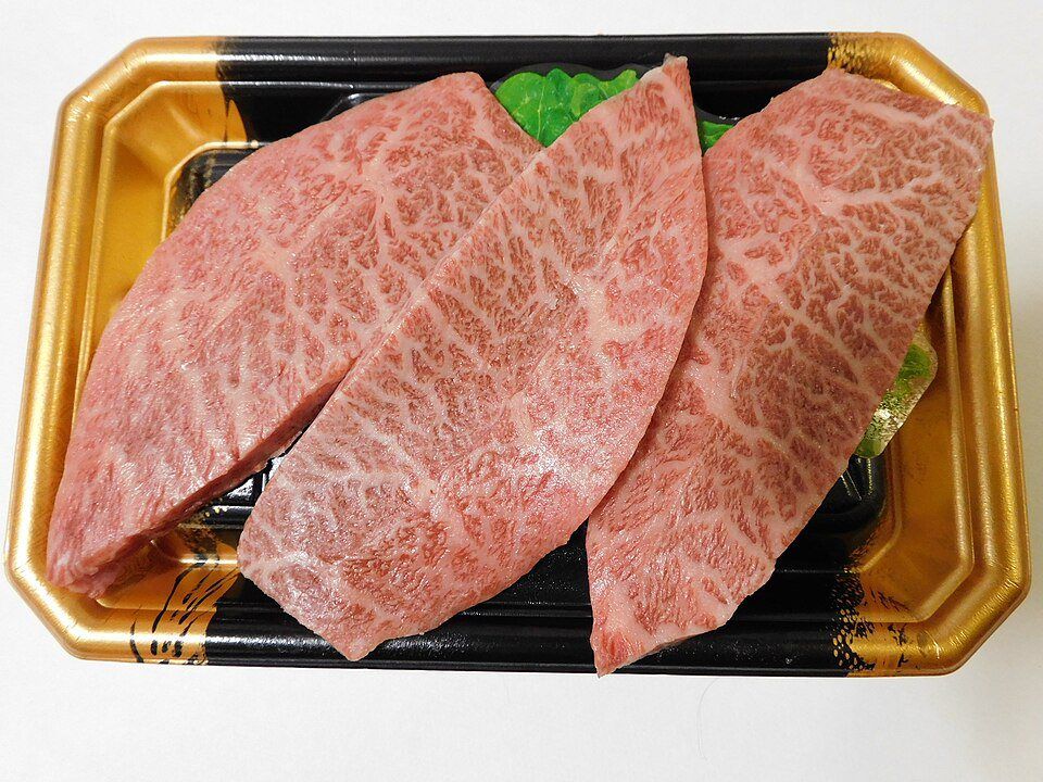 Slices of Japanese wagyu beef for yakiniku