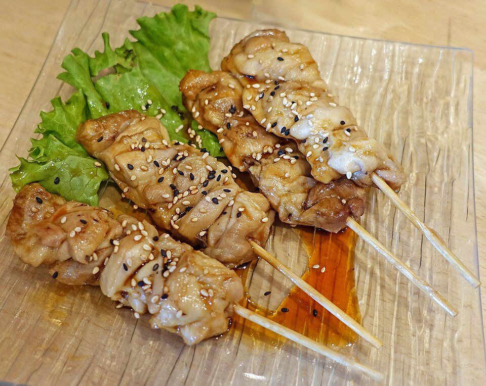 Japanese yakitori skewers on a plate