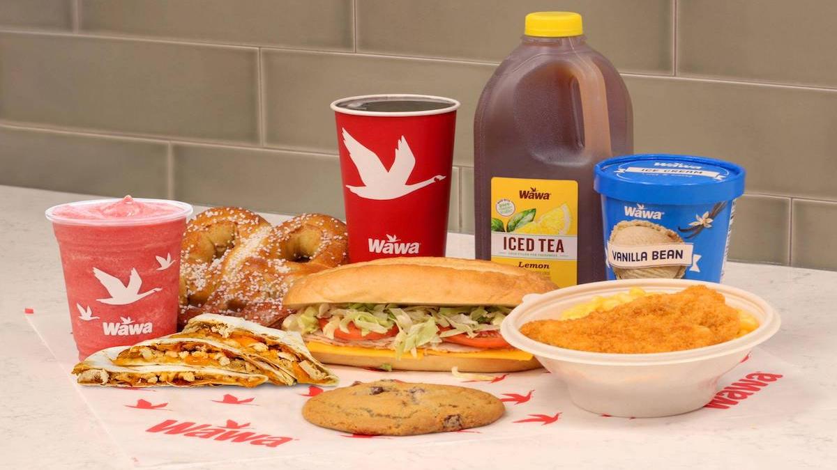Assortment of Wawa hoagies, drinks, snacks, and sides associated with Jersey Shore road trips and beach days