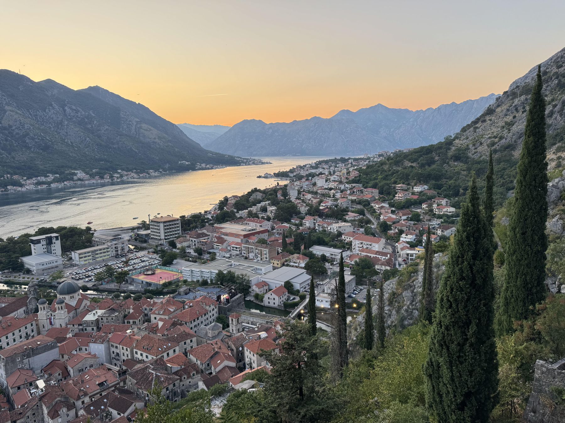 Sunset view over Kotor and the Bay of Kotor framed by mountains